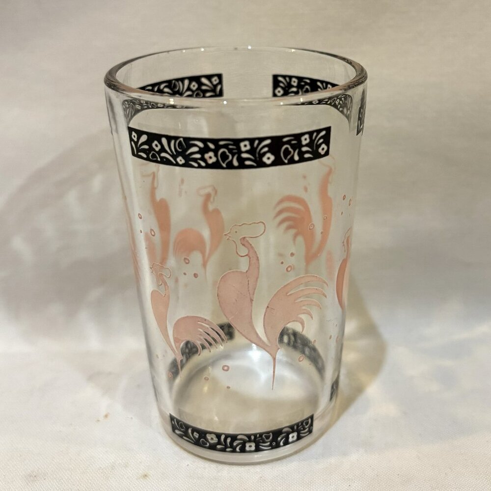 Hazel Atlas Pink Rooster Drinking Glass with Black Floral Band